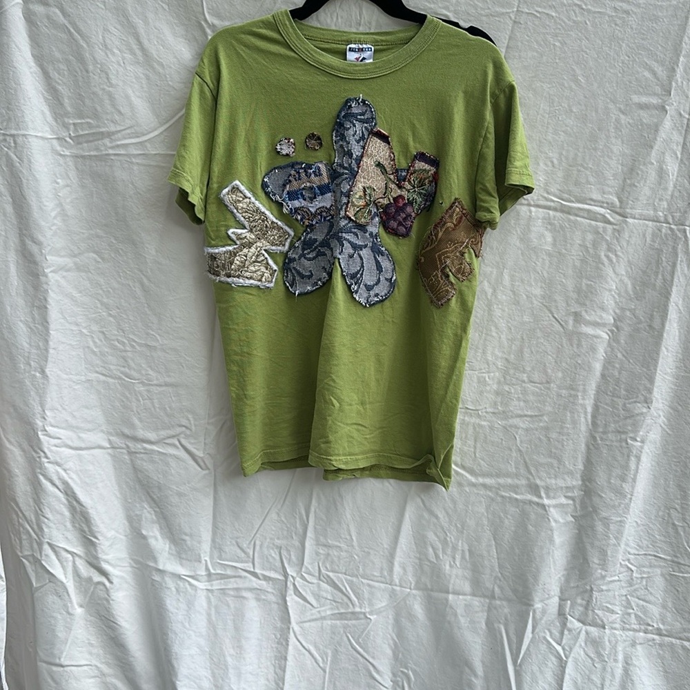 Green Graphic T-Shirt with Patchwork Design
